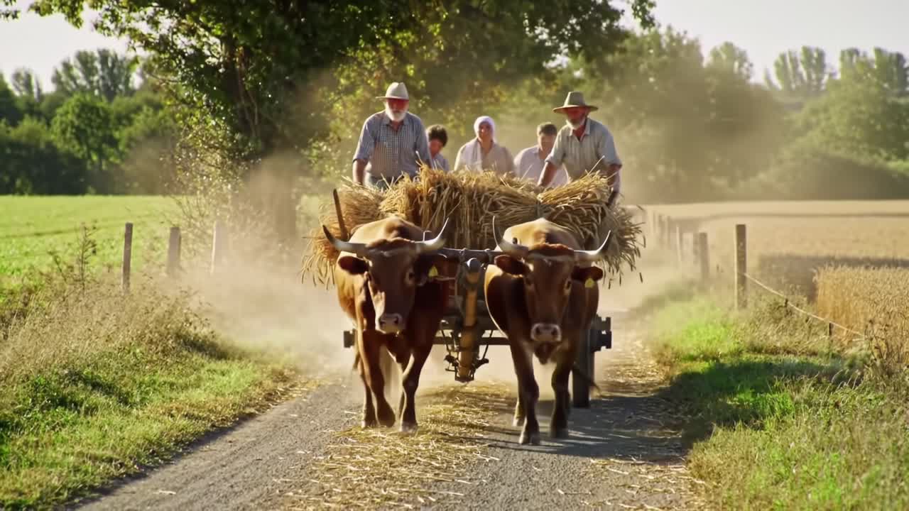 Farmers Transporting Hay in a Cart Pulled by Oxen on a Sunny Day in the Countryside