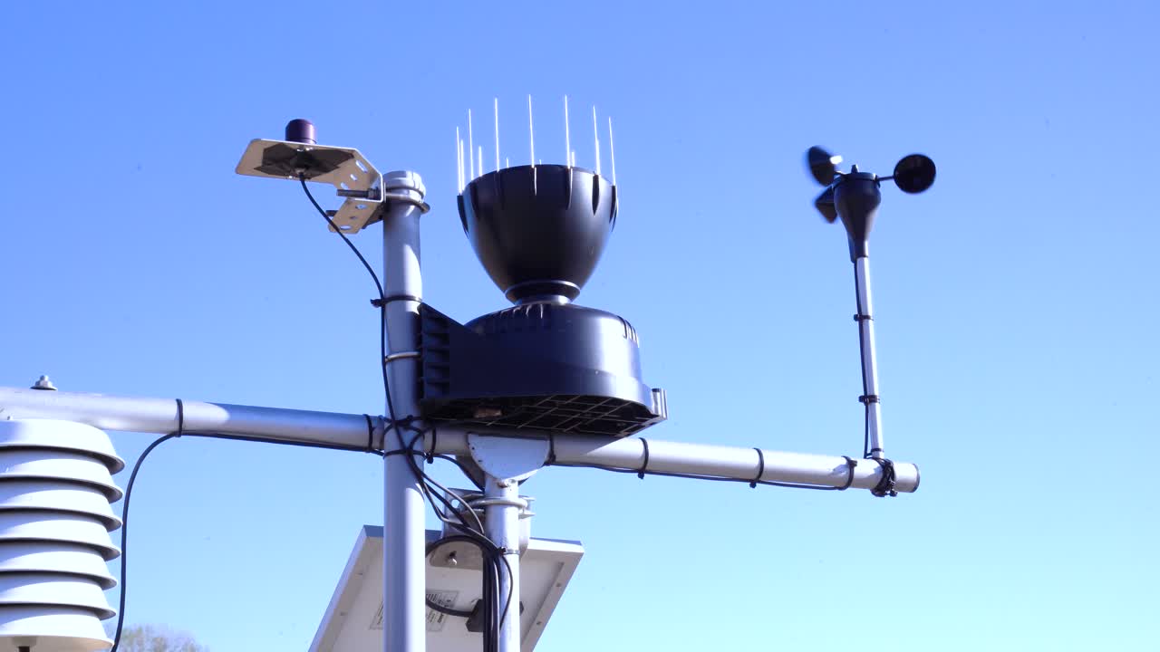 Weather station with instruments under clear blue sky in closeup