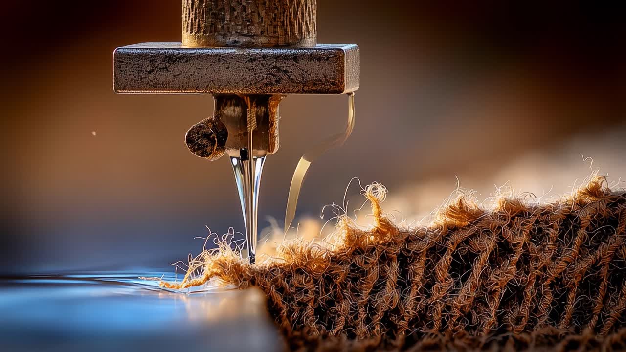 Close-Up of a Sewing Machine Needle in Action Creating Stitches on Fabric with a Beautiful Blur of Background Colors, Highlighting Precision Craftsmanship and Creativity in Textile Work