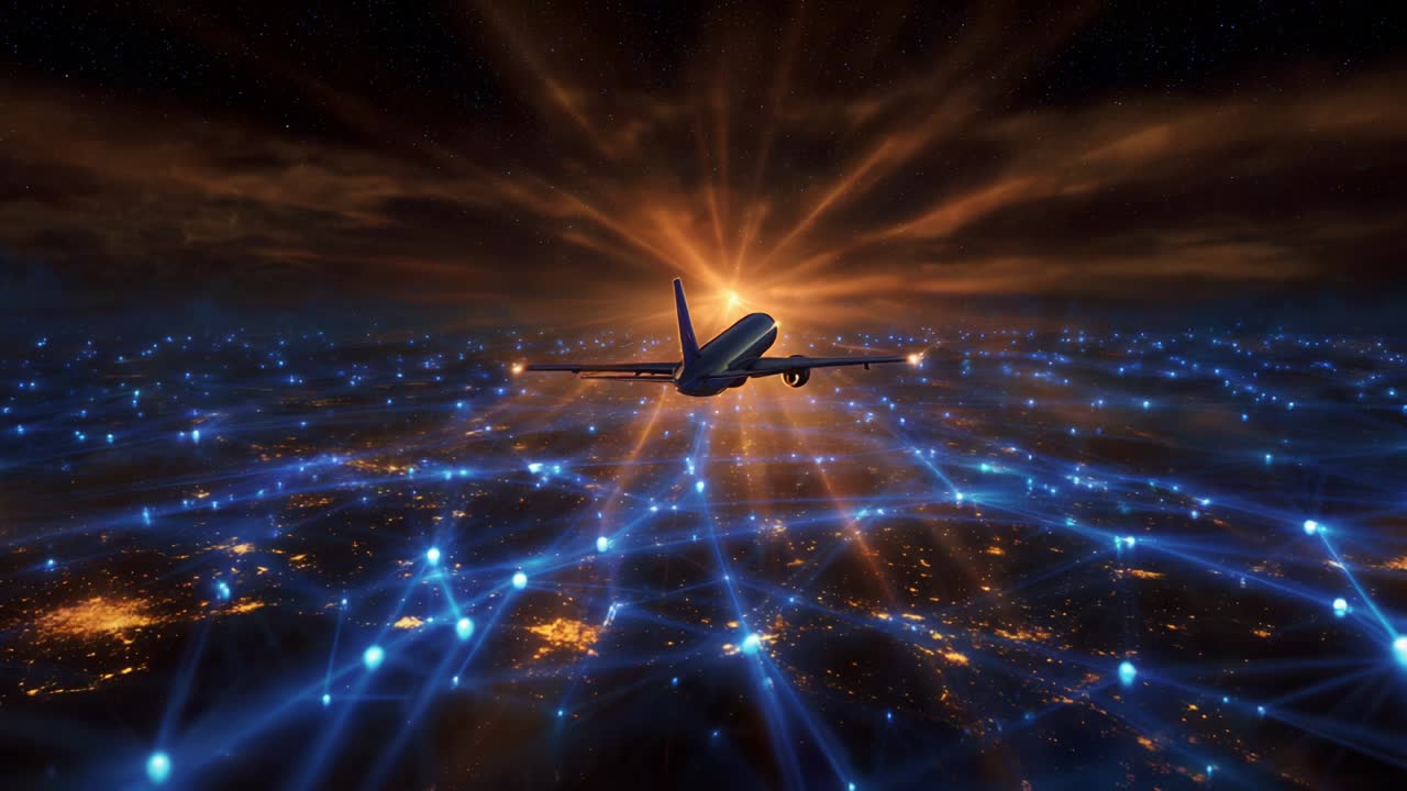 Airplane flying over a network of connected city lights at night
