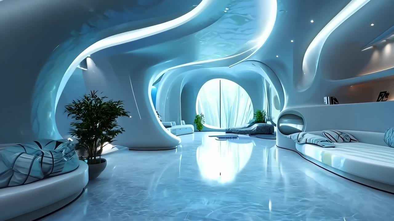 una sala de estar con muebles blancos y un piso blanco