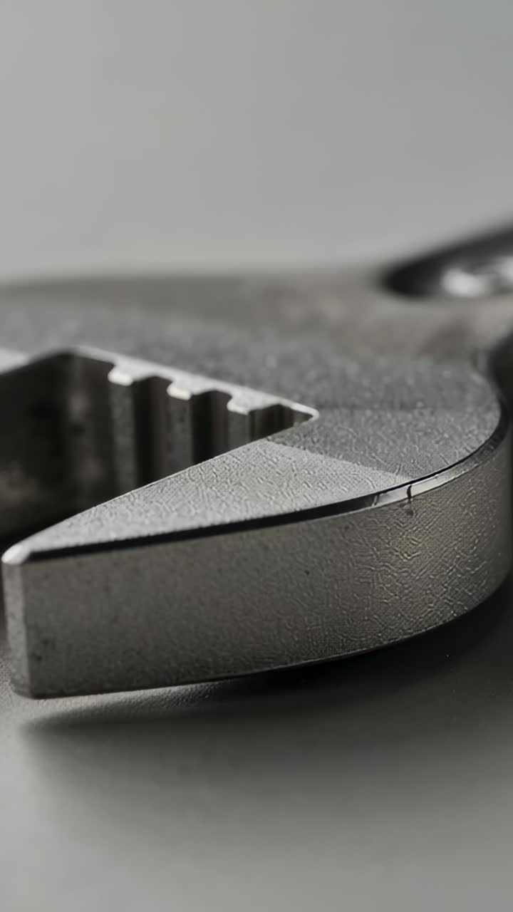 Vertical video: Camera moving showing serrated pliers jaw revealing details on grey desk with rivet
