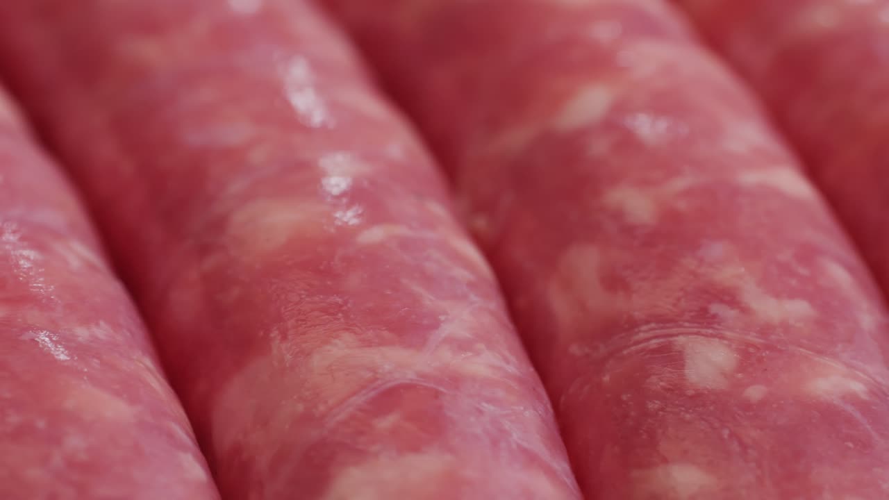 Raw sausage on plate close-up.Cooking hot dogs in boiling oil. Traditional asian corndog snacks street food. Korean Chinese street local market with traditional food. American fast food corndogs with sauce on the top.