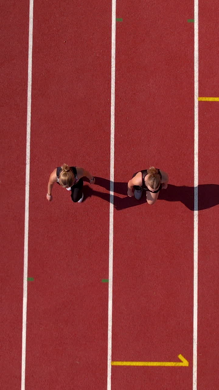 Aerial vertical shot of two young women sprinting on a red outdoor running track. Ideal for sports, fitness, and competition concepts