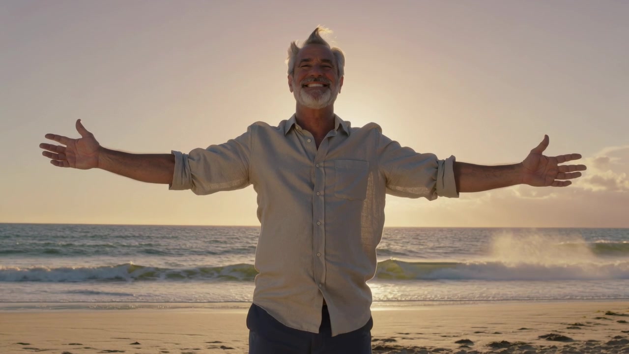 Homem idoso caminhando na praia, com camisa clara e calças escuras, observando o pôr do sol, sorrindo, com ondas.