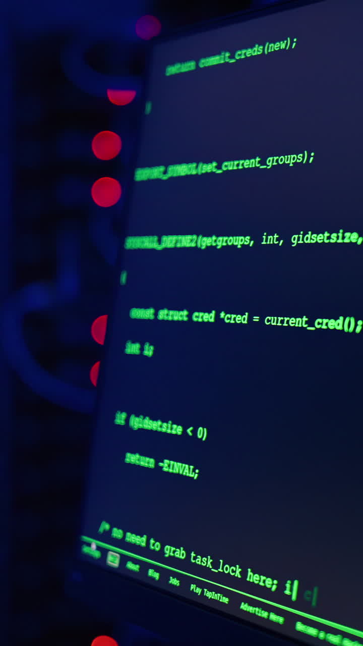 Close up of code on a screen in a server room with flashing red lights. Vertical
