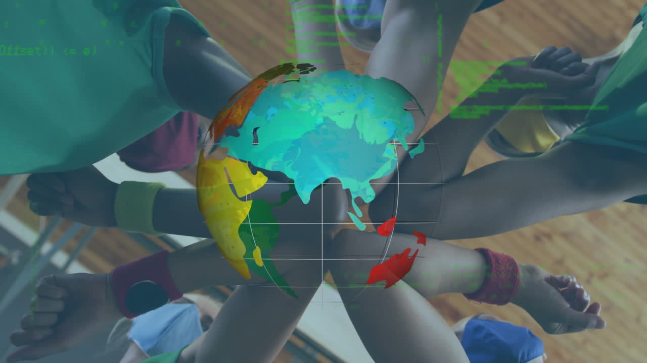 animación del globo y procesamiento de datos sobre jugadores con máscaras faciales tocando codos