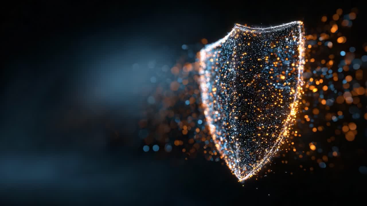 A Stunning Visualization of Digital Protection: A Glowing Shield Surrounded by Dynamic Particles, Representing Security, Safety, and Defense in a Modern Digital World