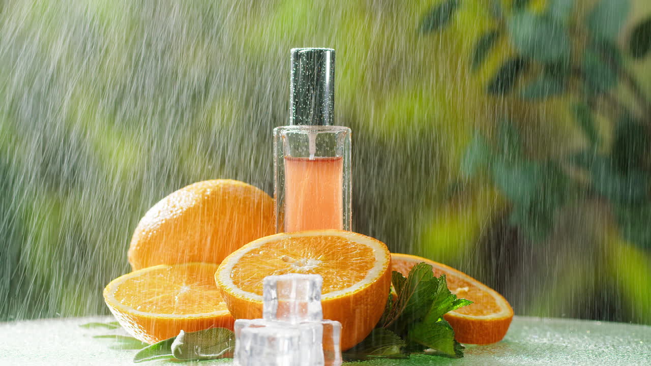 Flacone di profumo agli agrumi con arance fresche e pioggia