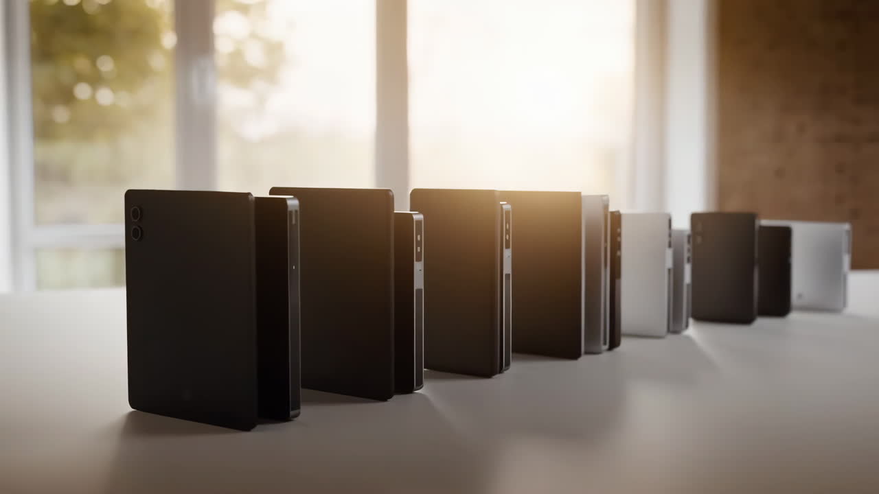 A row of modern electronic devices on display