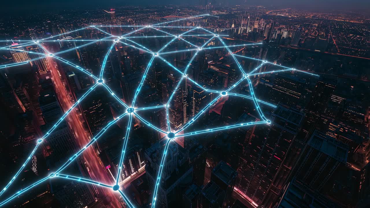 Animating glowing nodes linking atop rooftops over skyline at dusk for network visualization