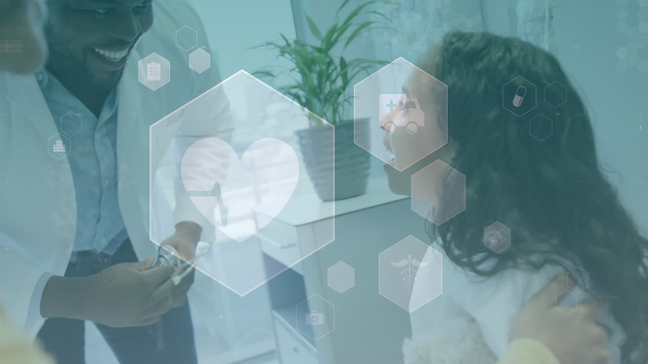 환자와 함께 아프리카계 미국인 남성 의사에 대한 의료 데이터 처리의 애니메이션