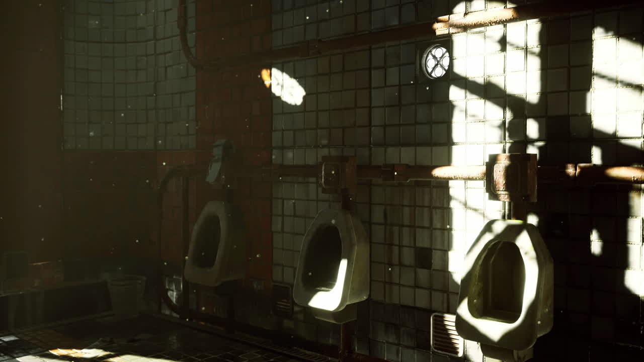 Old restroom interior with sunlight casting shadows during daytime