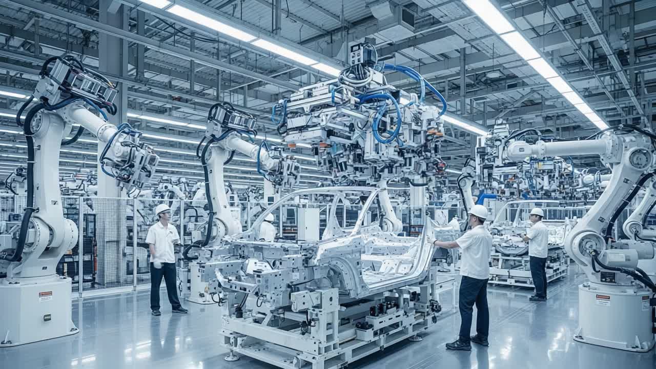 A Cutting-Edge Manufacturing Facility Showcasing Advanced Robotic Automation in the Automotive Production Process with Skilled Technicians Overseeing Operations