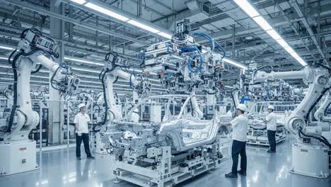a cutting-edge manufacturing facility showcasing advanced robotic automation in the automotive production process with skilled technicians overseeing operations