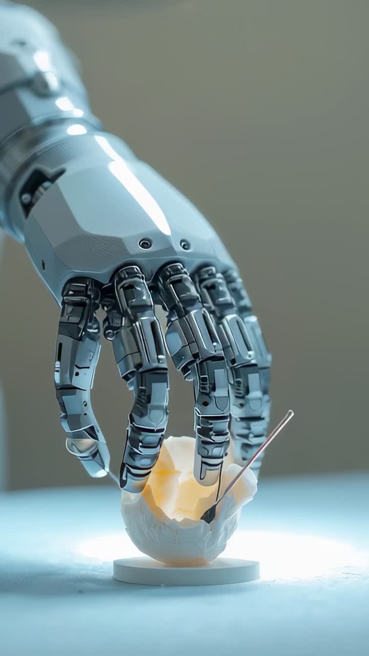 Vertical video: Robotic hand reaching on bench, holding cracked shell for scan with probes inserted