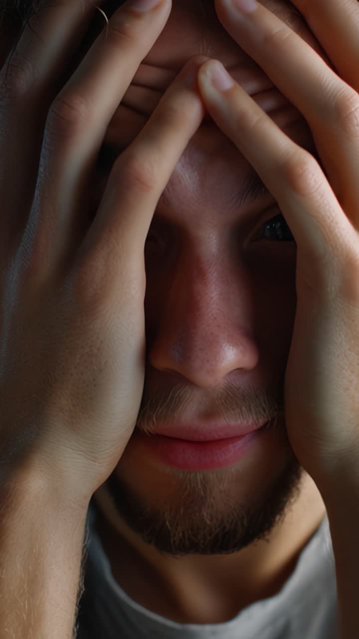 Un uomo esprime profonda emozione con le mani che gli coprono il viso, illustrando un momento di vulnerabilità e riflessione in questa suggestiva narrazione visiva.