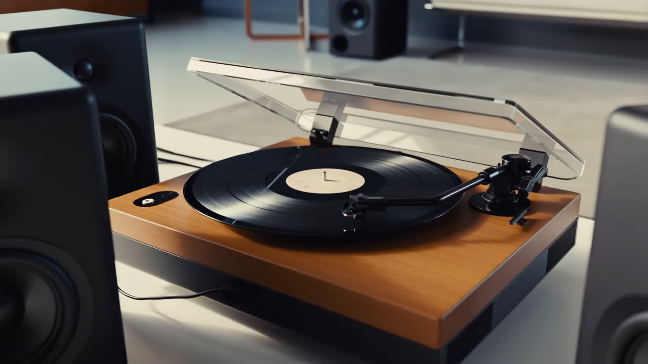 Turntable with Vinyl Record and Speakers