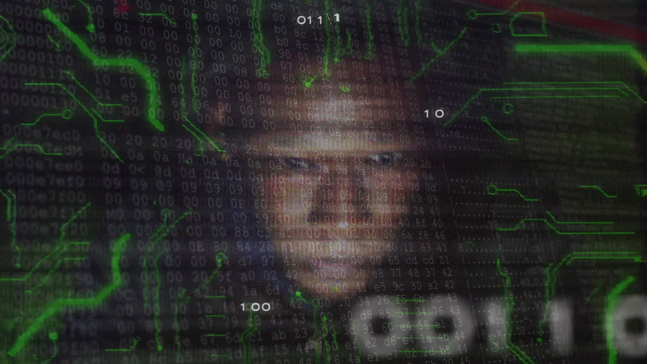 Animation of binary code with smiling person, representing digital data processing