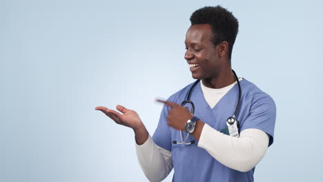 Nurse,-advertising-and-black-man-pointing-to-palm