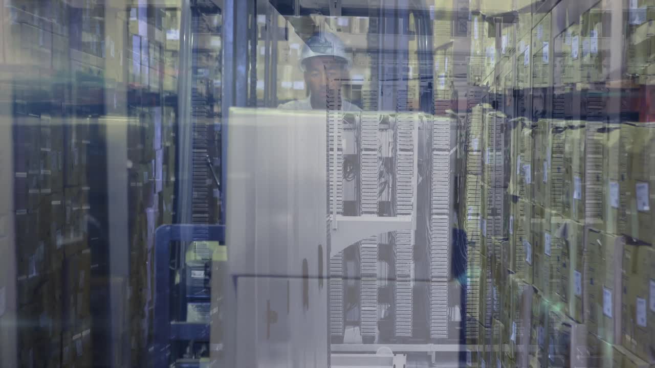 Animation of data over biracial male warehouse worker and servers