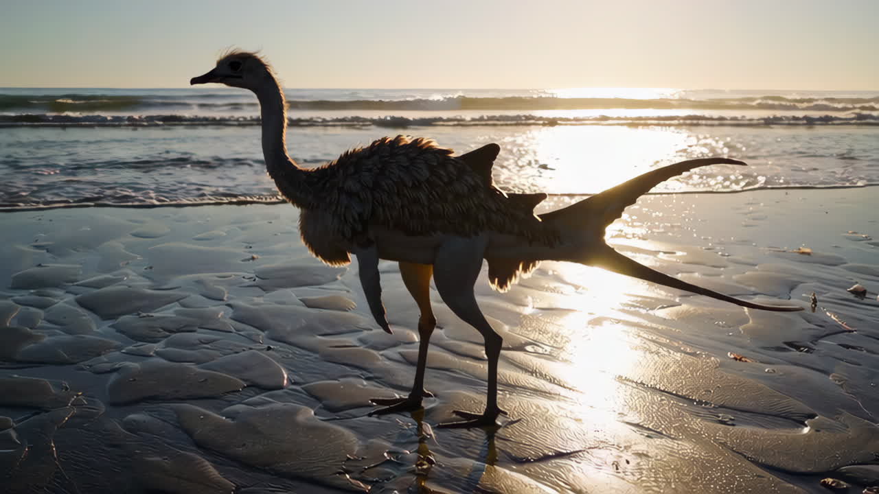 해가 지는 해변 에 있는 하이브리드 오스트리치