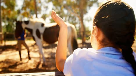 girl waving hand to her mother in ranch 4k