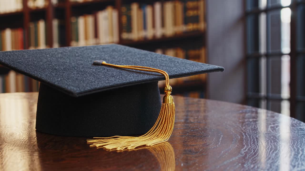 Ripresa video in primo piano di un cappello da laurea su un tavolo di legno, con uno sfondo sfocato di biblioteca.