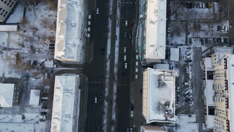 snowy city intersection aerial view