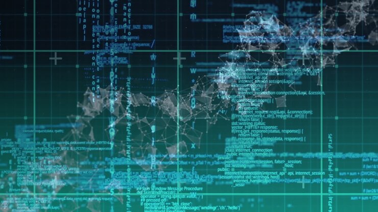 Animation of dna structure of network of connections and data processing on green background
