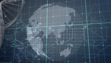 animation of spinning dna strand over grid and globe