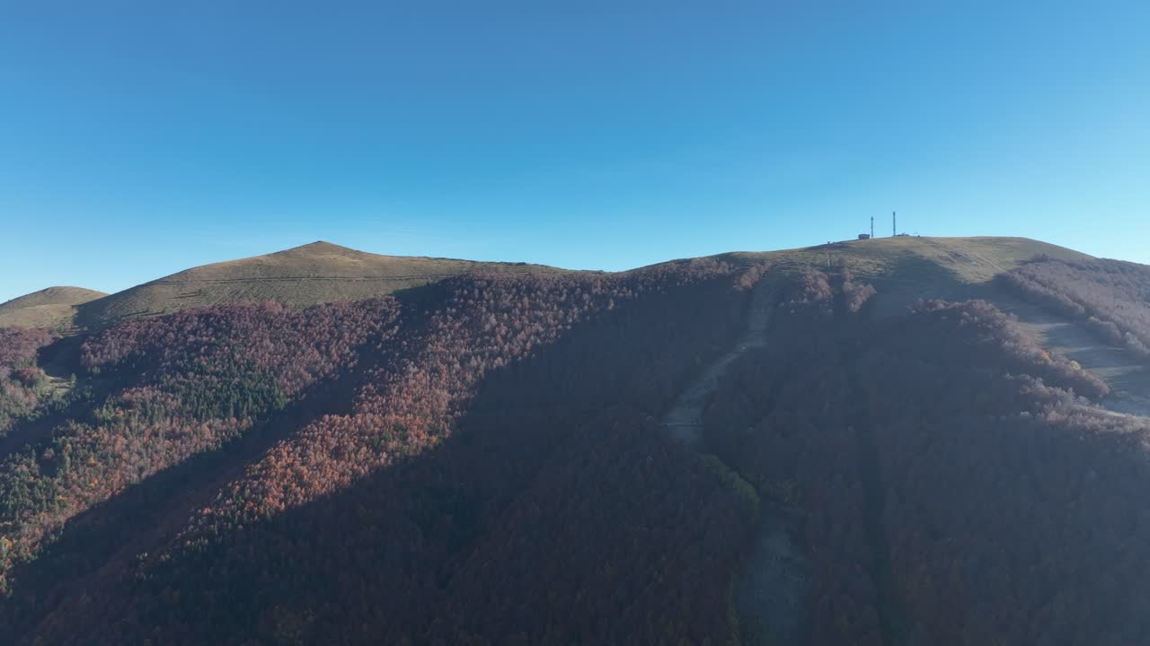 Pan shot on a sunny day of the trees of Mount Vermio - a mountain range in northern Greece.