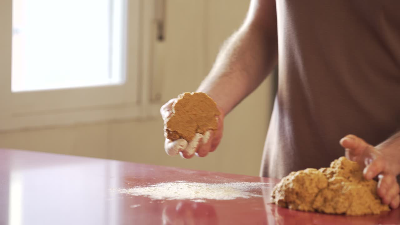 Man making vegan meat. Process, how to cook seitan