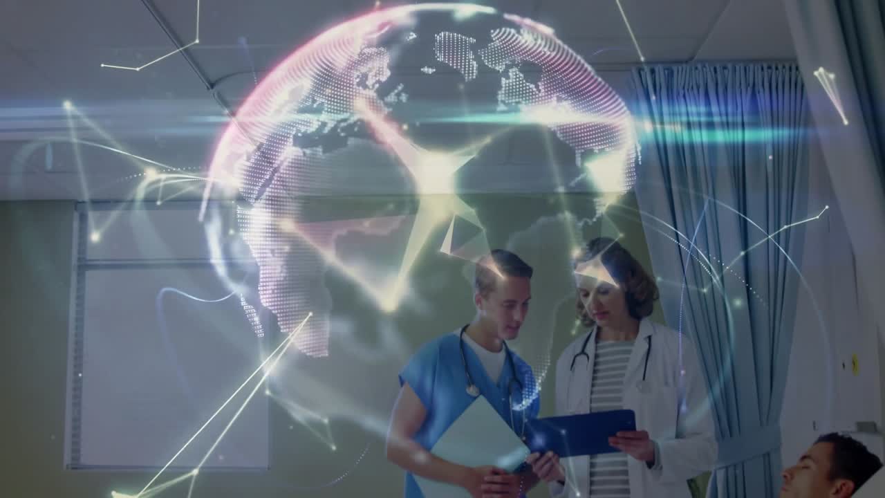 Nodos luminosos formando un globo giratorio, enfermera y médico revisando el historial para la atención del paciente