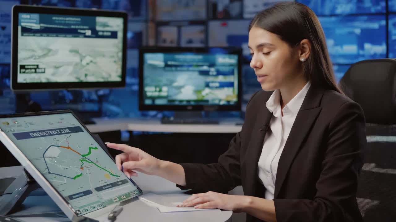 mujer trabajando en una sala de control