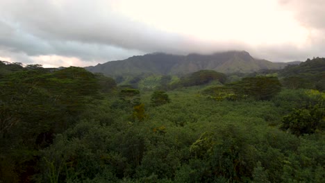 Vista-Aérea-Cinematográfica-Que-Revela-Una-Exuberante-Selva-Tropical,-Ríos-Y-Montañas-Verdes-Con-Nubes-Al-Atardecer