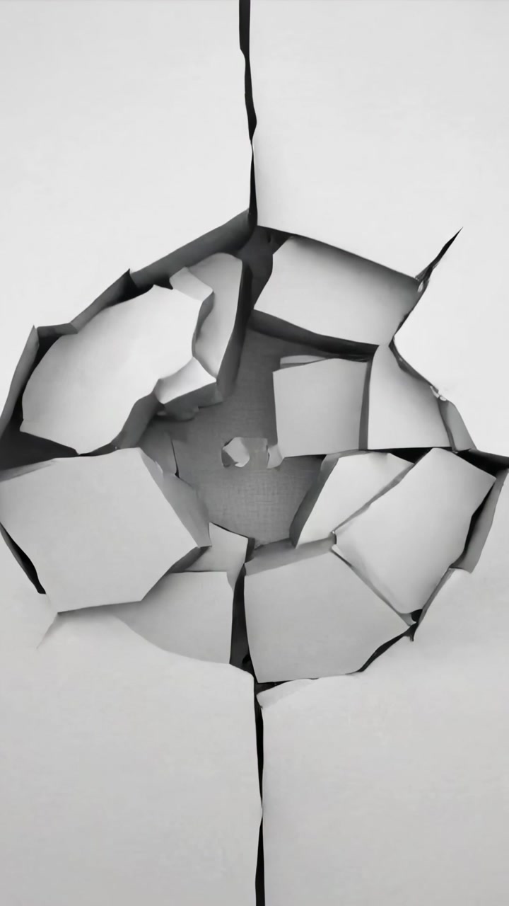 Vertical video: Widening slit cracking white panel in studio, exposing fragments and hollow cavity