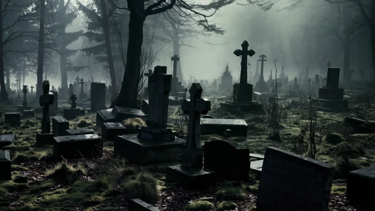 Scena inquietante di cimitero con nebbia e sagome di lapidi