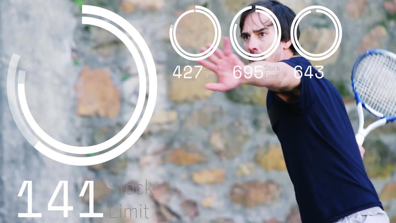 Man swinging tennis racket outdoors, overlaying circular finance charts with stock limit numbers