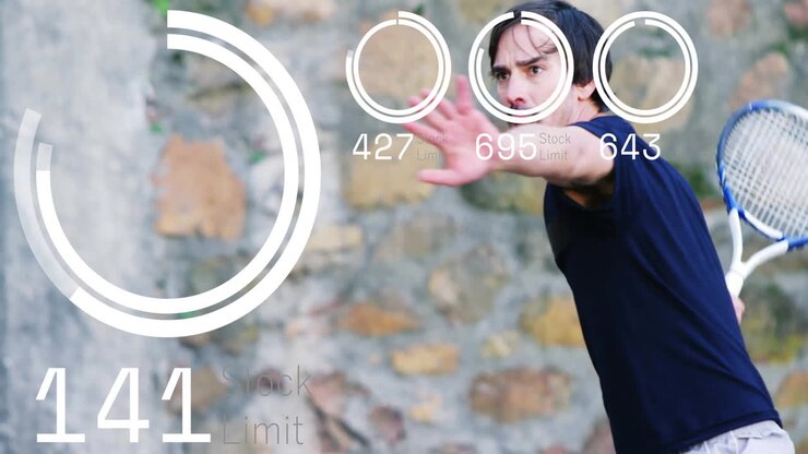Man swinging tennis racket outdoors, overlaying circular finance charts with stock limit numbers