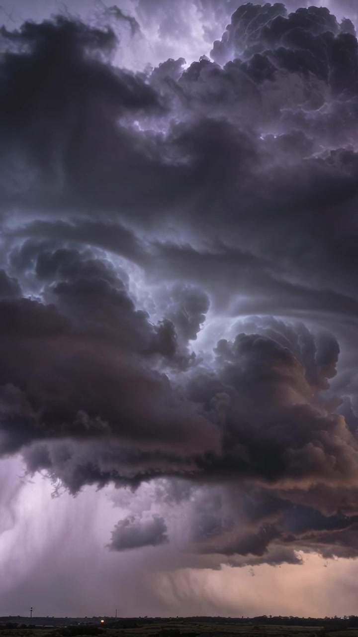 Video vertical: Rayos internos iluminando un cumulonimbus sobre una llanura al anochecer, mostrando una cortina de lluvia en la tormenta.
