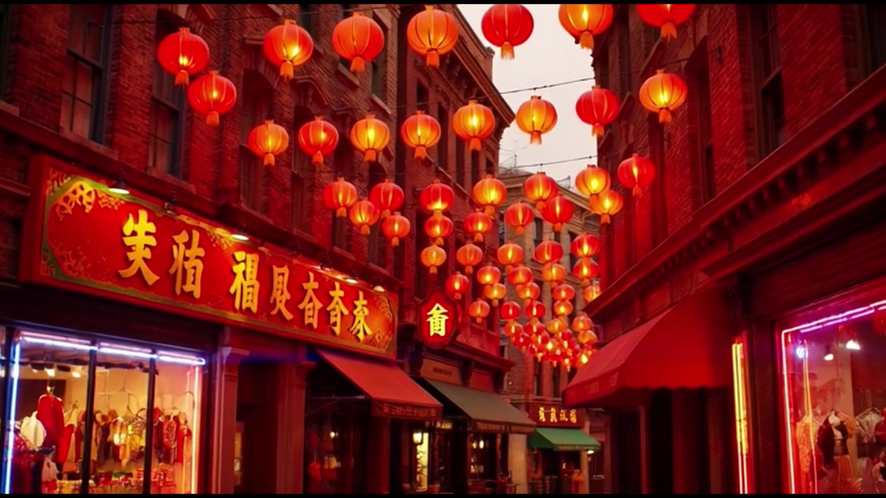 Lanterne rosse tradizionali appese in una vivace strada di Chinatown