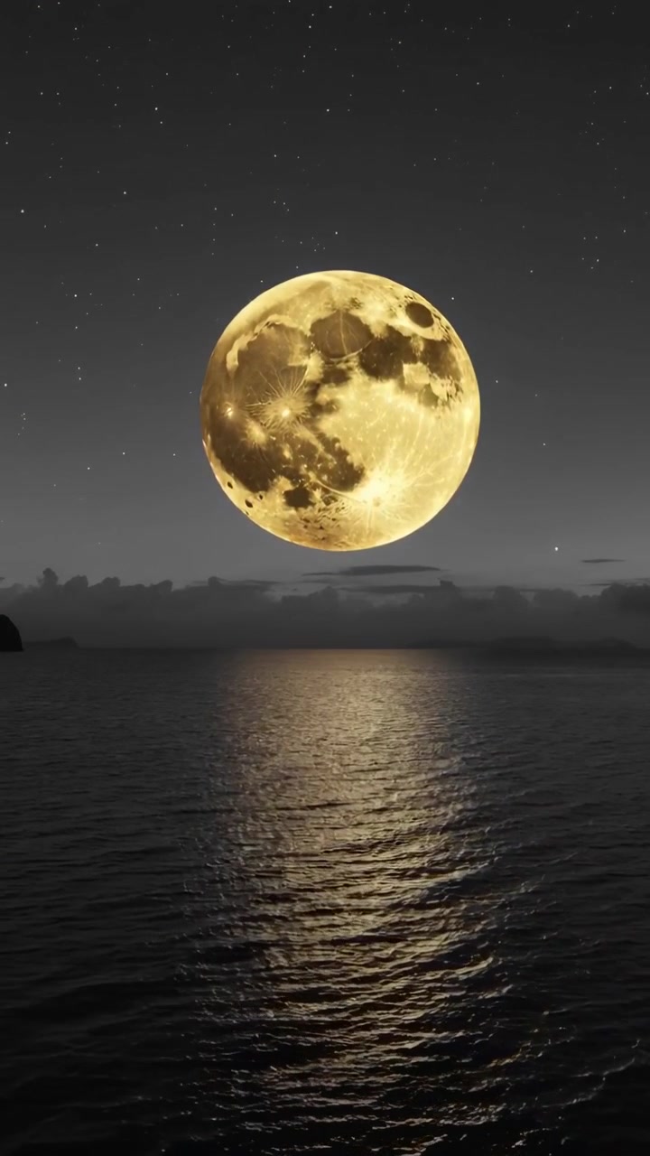Vídeo vertical: Lua cheia deslizando, descendo à esquerda sobre o mar noturno, com a passagem do tempo, refletindo nas ondas.