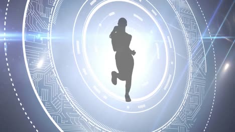 Animation-of-silhouette-of-female-runner-with-circular-scope-and-motherboard-and-pulsing-light