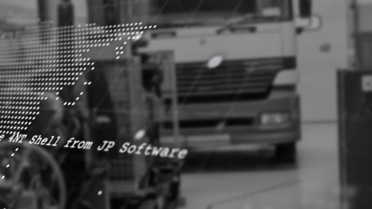 Wheelchair user being visualized in industrial bay with floating data fragments beside truck front