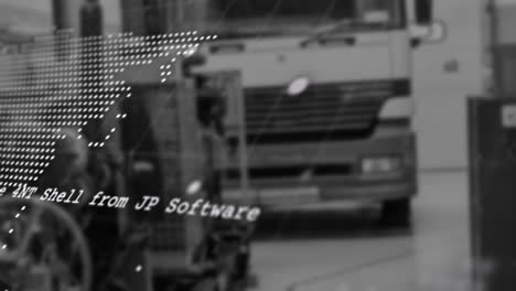 wheelchair user being visualized in industrial bay with floating data fragments beside truck front