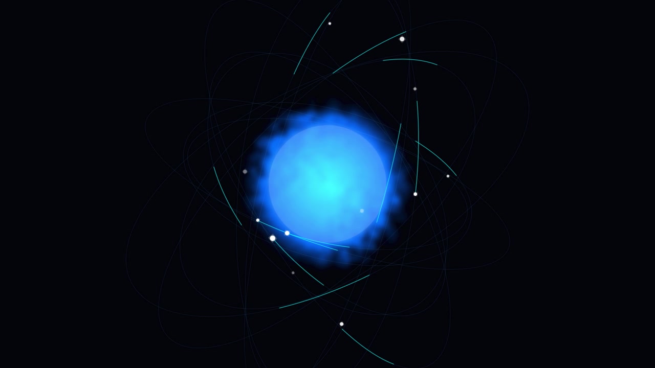Animoitu hehkuva sininen atomimalli pyörii tummalla taustalla
