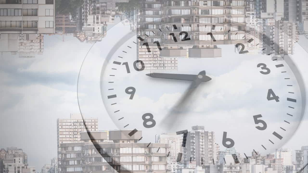 Animation of clock face overlaying urban skyline with buildings and cloudy sky