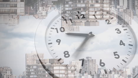 animation of clock face overlaying urban skyline with buildings and cloudy sky