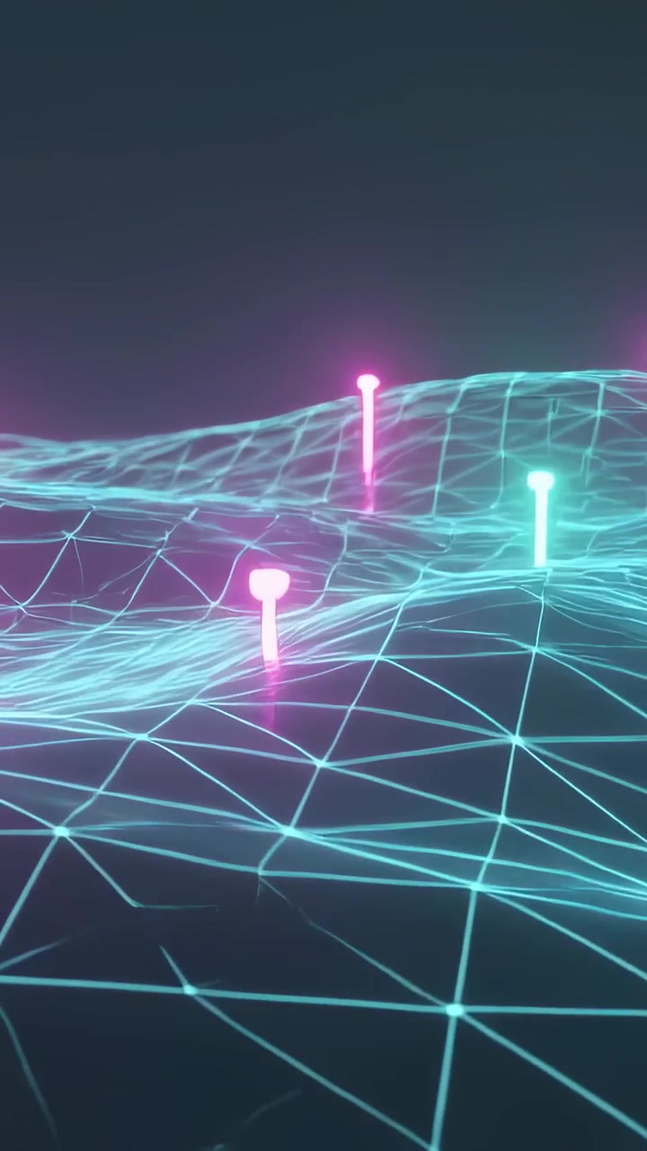 Vertical video: Camera moving forward showing cyan wireframe grid in dark void, neon pins pulsing